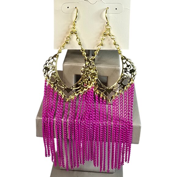 Amrita Singh Women's Gold Plated Pink Long Hook Chain Earrings NWT - Picture 2 of 5